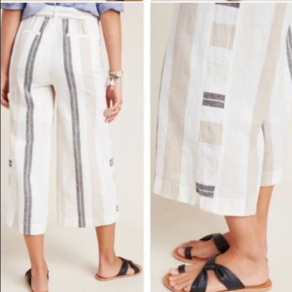 ANTHROPOLOGIE Shorebound Striped Linen Wide-Leg Cropped Pants - Picture 2 of 9